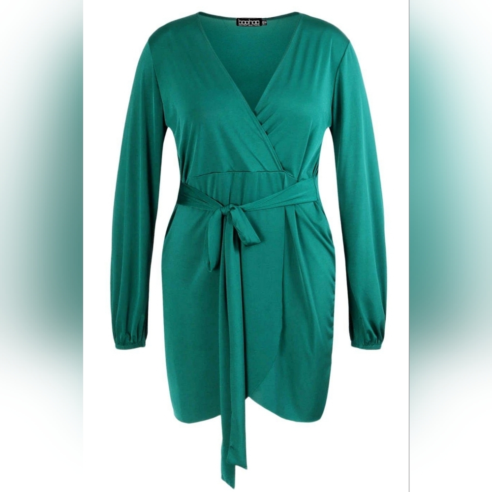 Boohoo Emerald Long Sleeve Wrap Dress